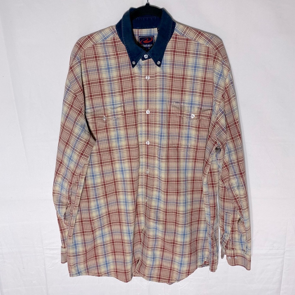 Vintage Roper Red Cream Blue Cotton Plaid Western Button Up Shirt XL Stampede